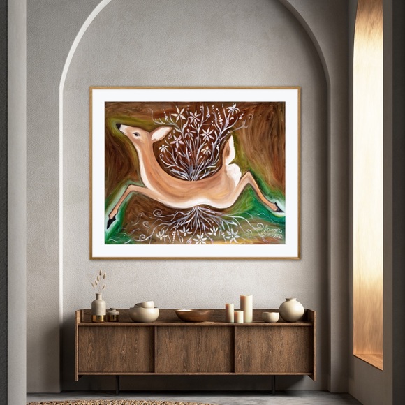 Graceful Doe Art Print Oil Painting whimsical minimalist natural nature flowers - Picture 3 of 6